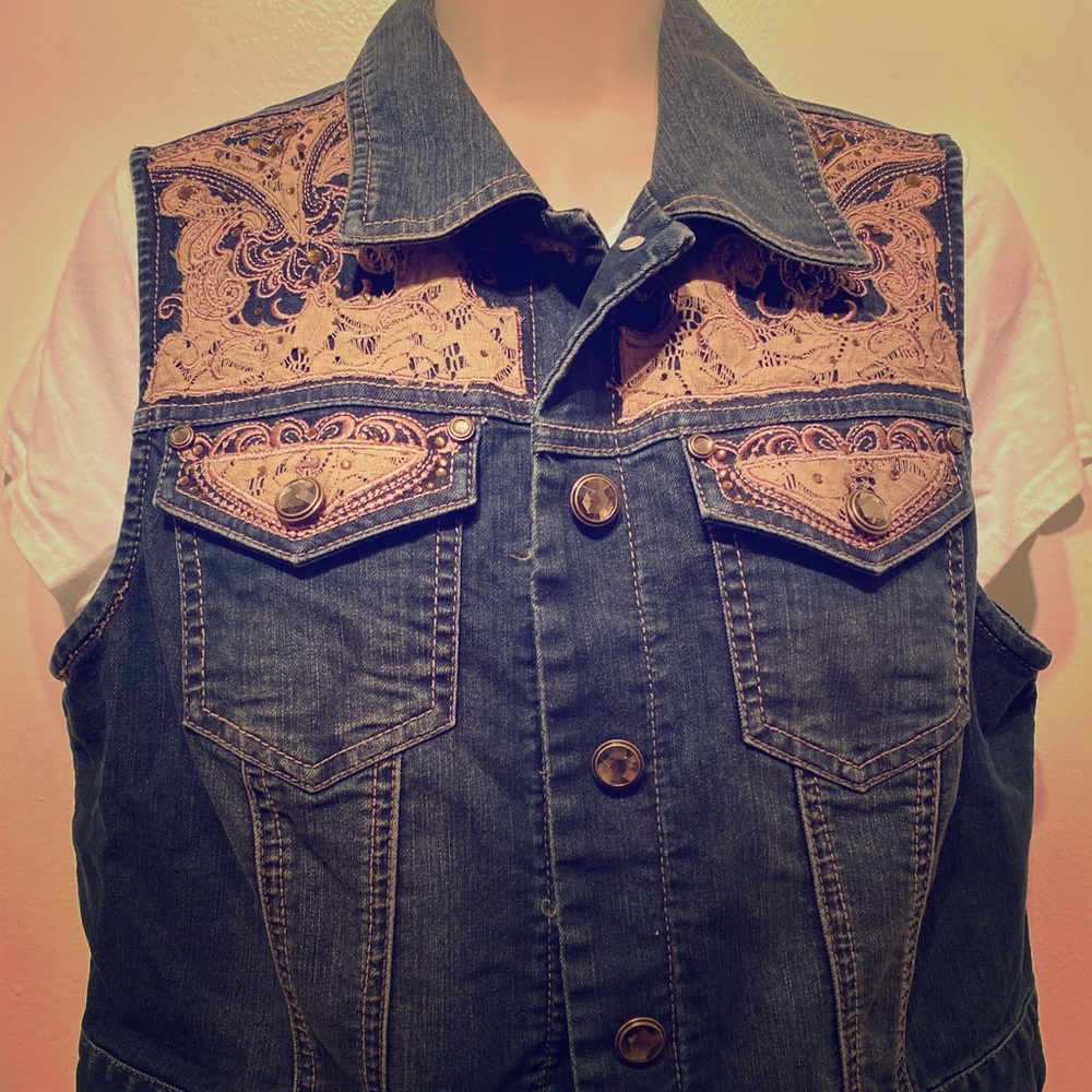 Jean lace and jeweled vest